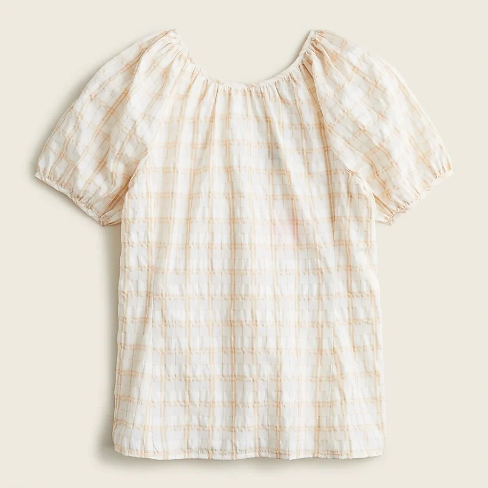 J. Crew V-back Puff-sleeve Top in Textured Plaid Size 2 NWT
